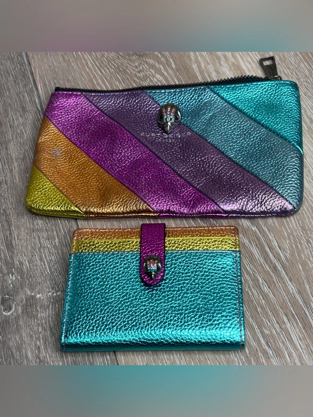 Kurt Geiger Metallic Rainbow Leather Pouch & Wallet Set - Teal, Purple, Gold